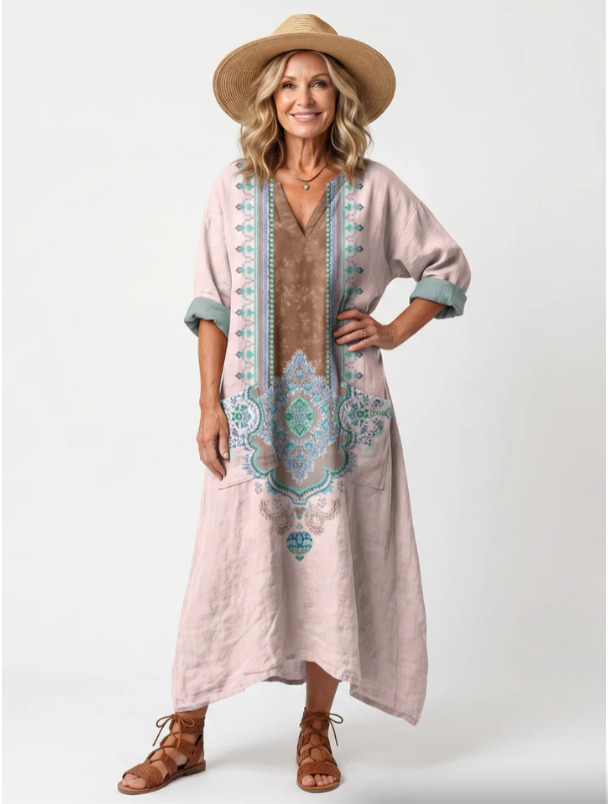 Raina | Robe midi surdimensionnée à poches avec panneau contrasté et broderie