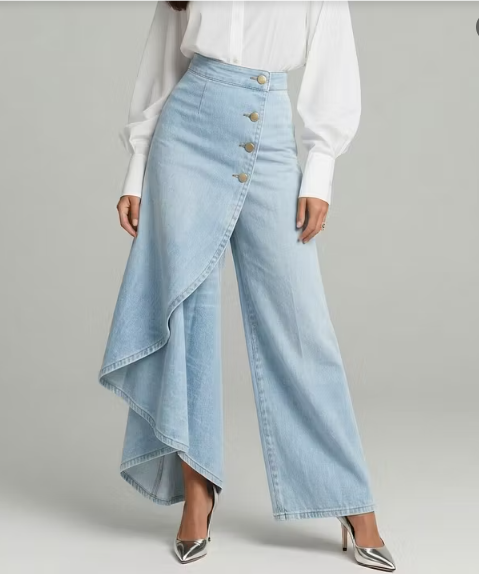 Jeans en denim à taille haute asymétrique à boutons pour femmes