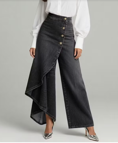 Jeans en denim à taille haute asymétrique à boutons pour femmes