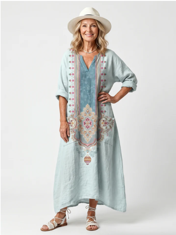 Raina | Robe midi surdimensionnée à poches avec panneau contrasté et broderie