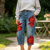 Jeans à Jambes Larges pour Femmes avec Imprimé Floral Artistique