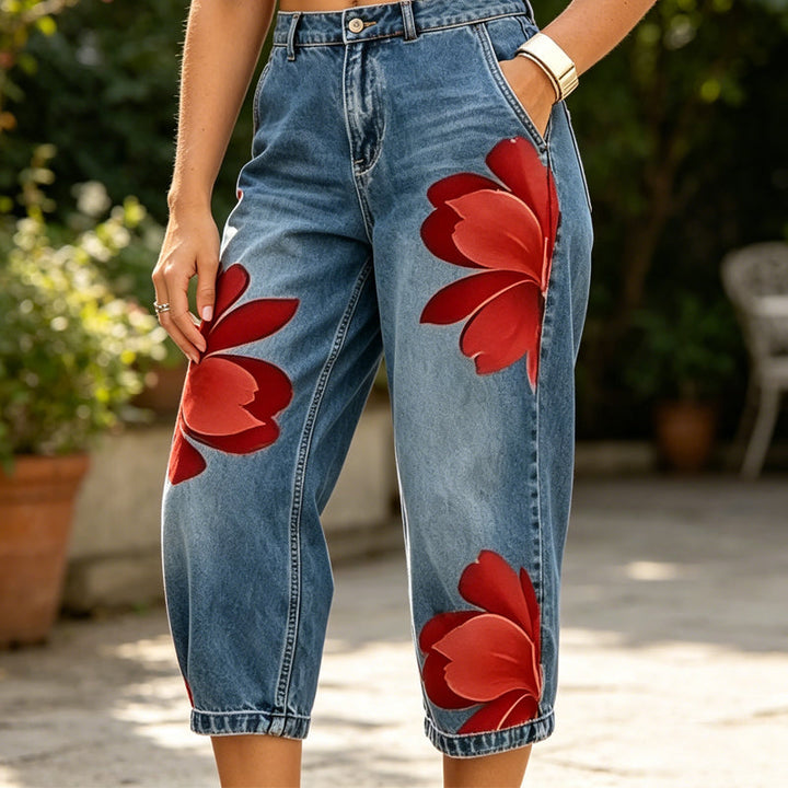 Jeans à Jambes Larges pour Femmes avec Imprimé Floral Artistique