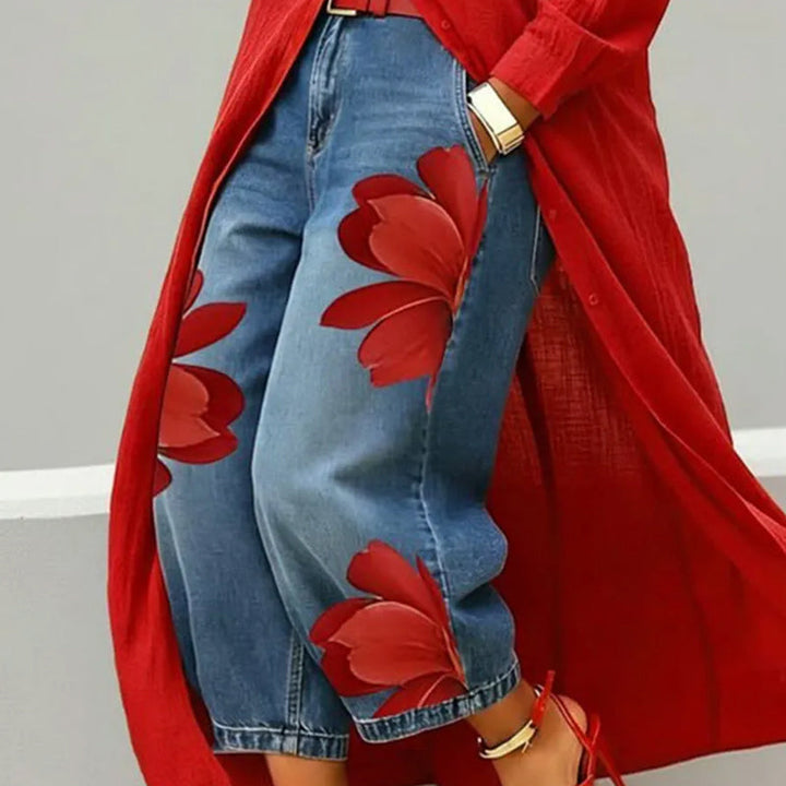 Jeans à Jambes Larges pour Femmes avec Imprimé Floral Artistique