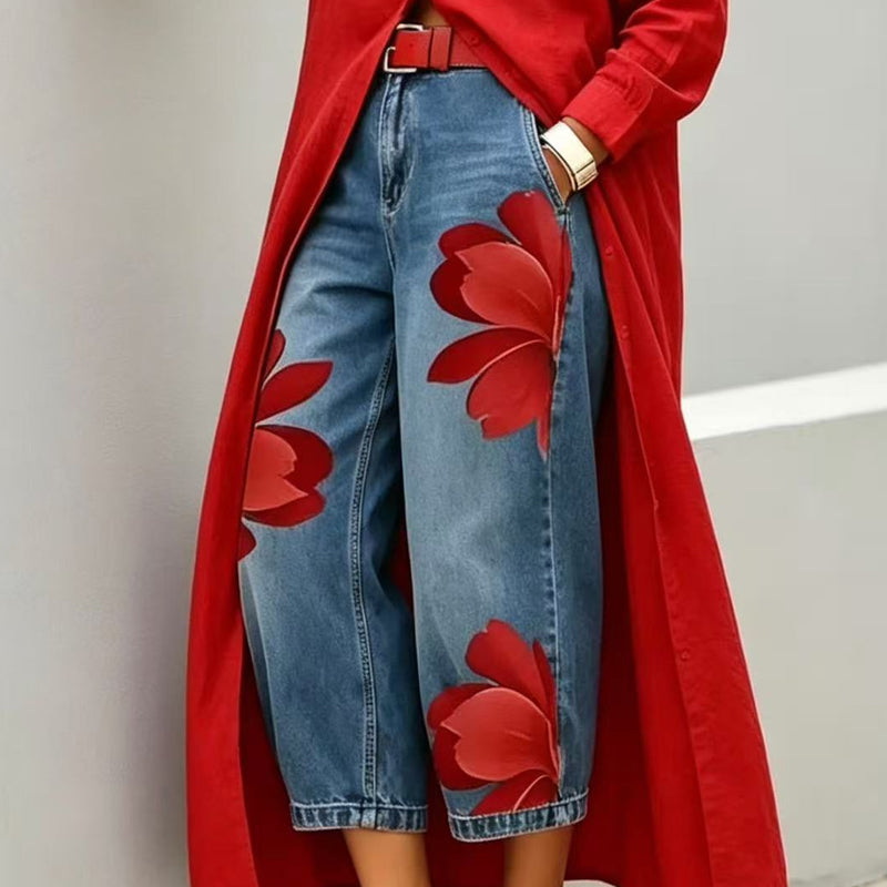 Jeans à Jambes Larges pour Femmes avec Imprimé Floral Artistique