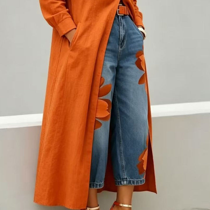 Jeans à Jambes Larges pour Femmes avec Imprimé Floral Artistique