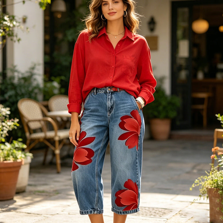 Jeans à Jambes Larges pour Femmes avec Imprimé Floral Artistique