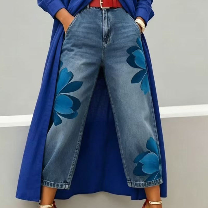 Jeans à Jambes Larges pour Femmes avec Imprimé Floral Artistique