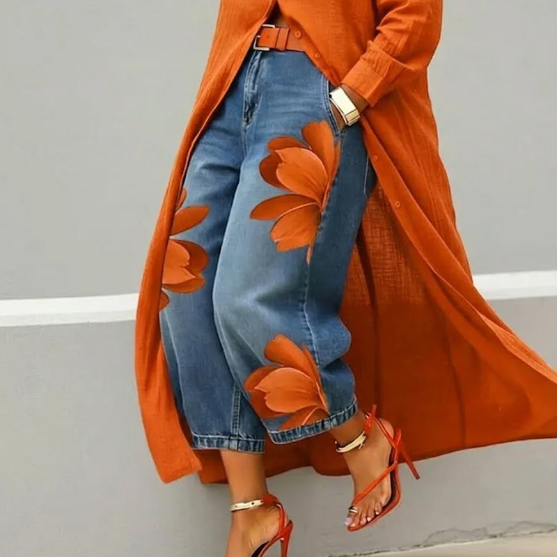 Jeans à Jambes Larges pour Femmes avec Imprimé Floral Artistique