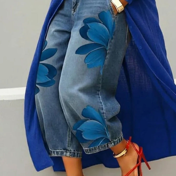 Jeans à Jambes Larges pour Femmes avec Imprimé Floral Artistique