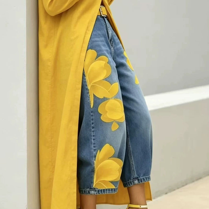 Jeans à Jambes Larges pour Femmes avec Imprimé Floral Artistique