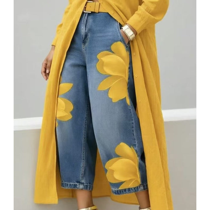 Jeans à Jambes Larges pour Femmes avec Imprimé Floral Artistique
