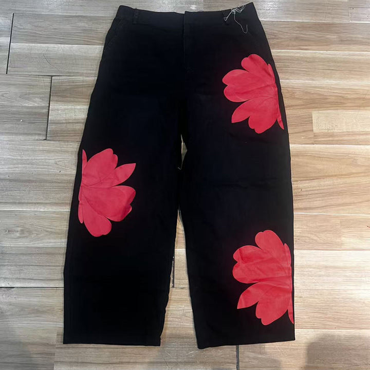Jeans à Jambes Larges pour Femmes avec Imprimé Floral Artistique