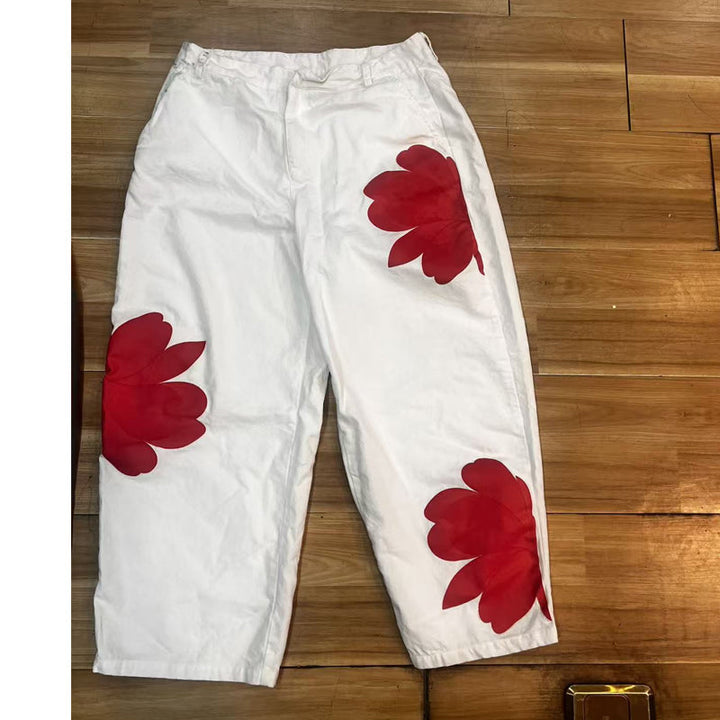 Jeans à Jambes Larges pour Femmes avec Imprimé Floral Artistique